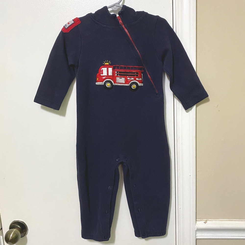 Y2K Fire Truck Firefighter Boys Ribbed Hooded Romper 24 M Navy‎ Blue Play Travel